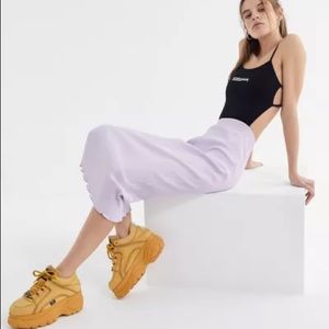 UO Kayla Lettuce Ribbed MIDI skirt in Lavender